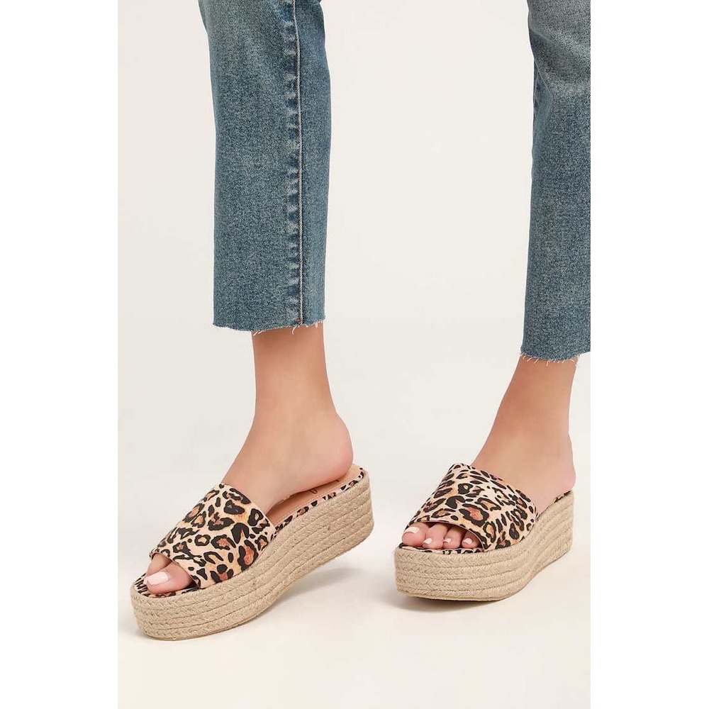 Lulus Oahu 2 Leopard Print Espadrille Platform Slides Tan Brown 7.5